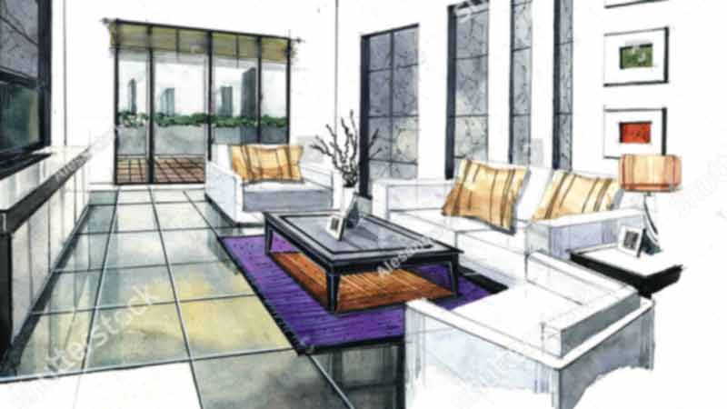 Rendering showing space planning for a residential living room